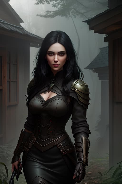  A young pretty girl with black hair and green eyes stands in the backyard next to her entrance. A boy with dark brown hair stands behind her., dark , creepy , blood , monsters , by Jason Engle , Carlos Huante , Charlie Bowater , Simon Lee , Brom hyperrealistic, full body, detailed clothing, highly detailed, cinematic lighting, stunningly beautiful, intricate, sharp focus, f/1. 8, 85mm, (centered image composition), (professionally color graded), ((bright soft diffused light)), volumetric fog, trending on instagram, trending on tumblr, HDR 4K, 8K