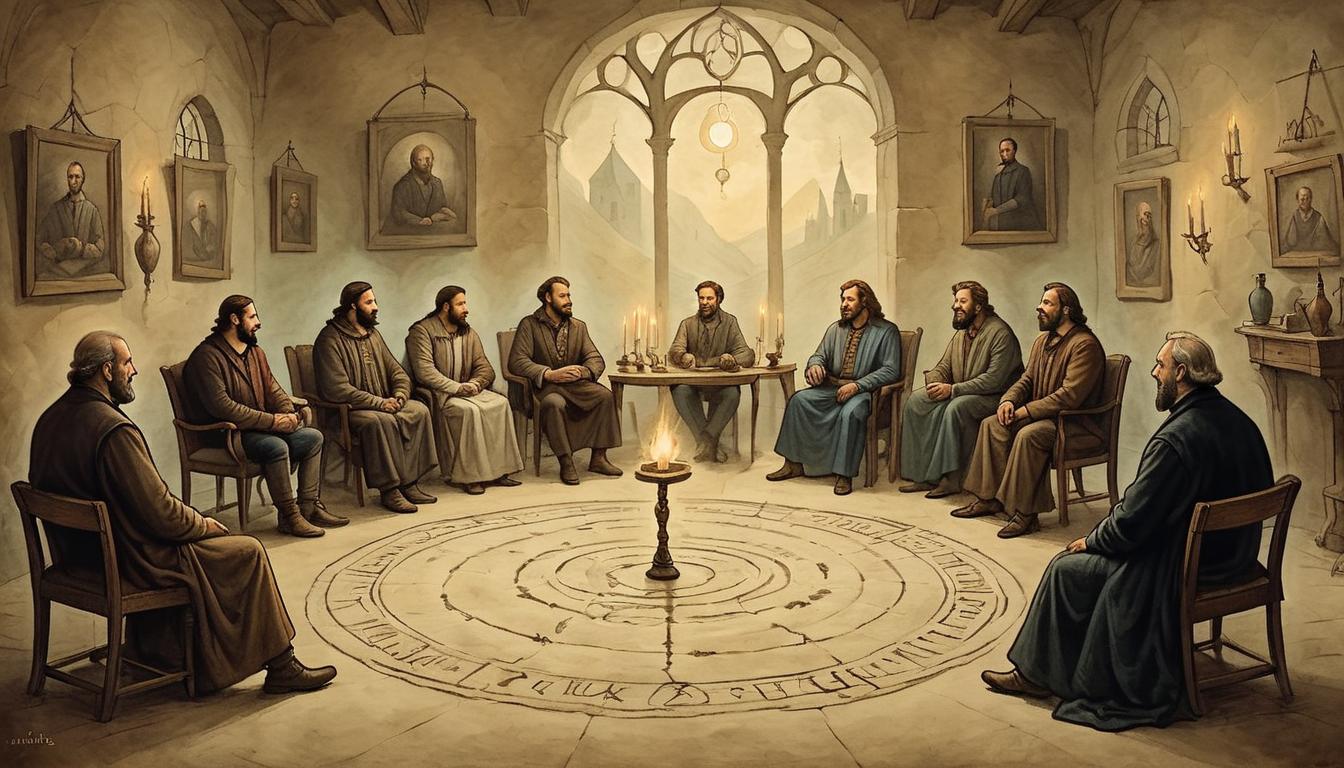  on parchment, surrealism+++, A small gathering in a dimly lit room, sharing a circle of light, faces showing empathy and camaraderie, cozy and supportive environment, sense of unity(mysterious, provocative, symbolic,muted color)+++