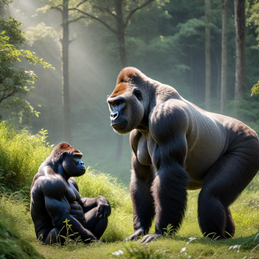  A powerful bull standing beside a strong gorilla in a natural setting. The background should be a grassy plain or a forest, emphasizing the strength and presence of both animals. hyperrealistic, full body, detailed clothing, highly detailed, cinematic lighting, stunningly beautiful, intricate, sharp focus, f/1. 8, 85mm, (centered image composition), (professionally color graded), ((bright soft diffused light)), volumetric fog, trending on instagram, trending on tumblr, HDR 4K, 8K