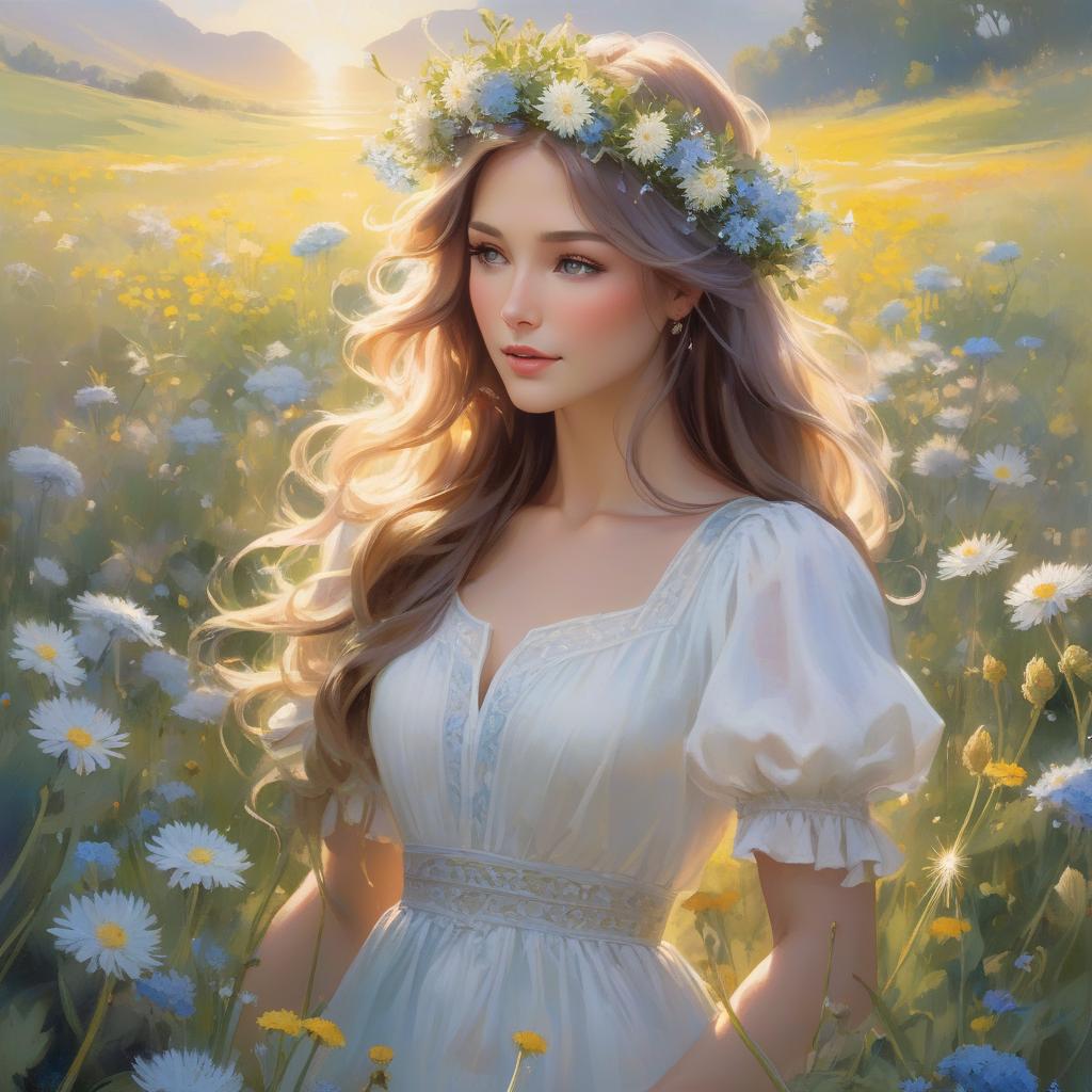  watercolor painting A with a floral crown and flowing hair is amidst a bright field of flowers, sunlight dappling through, creating a serene, magical atmosphere In the style of Daniel F Gerhartz and Morgan Weistling. A young with long, wavy hair adorned with small blue and white flowers blowing on a dandelion in a meadow filled with dandelions and other small flowers. She wears a white dress with puffy sleeves. The scene is ed in soft, warm light, creating a dreamy, ethereal atmosphere. Started from image: . vint, beautiful, painterly, detailed, textural, artistic hyperrealistic, full body, detailed clothing, highly detailed, cinematic lighting, stunningly beautiful, intricate, sharp focus, f/1. 8, 85mm, (centered image composition), (professionally color graded), ((bright soft diffused light)), volumetric fog, trending on instagram, trending on tumblr, HDR 4K, 8K