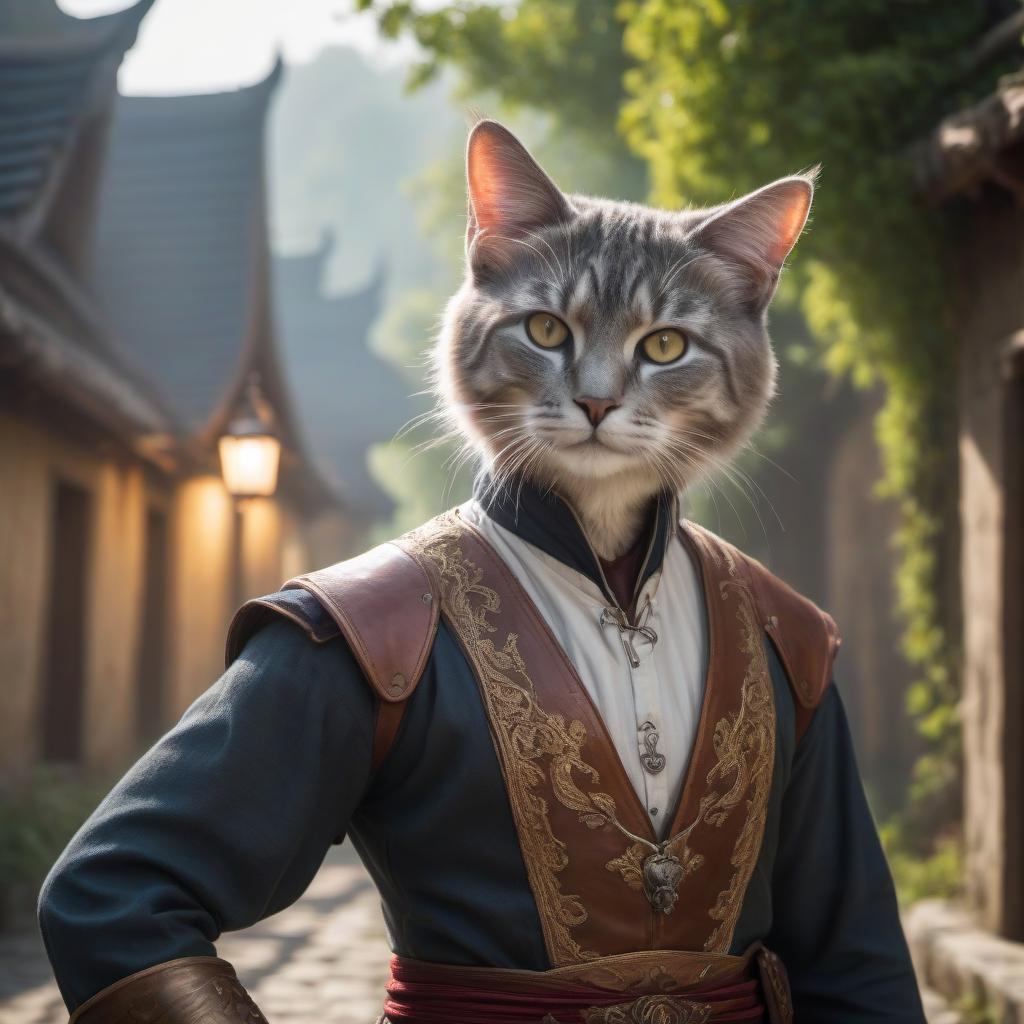  cinematic photo A human cat, in a bard's clothing. In his hand, he has a short sword. . 35mm photograph, film, bokeh, professional, 4k, highly detailed hyperrealistic, full body, detailed clothing, highly detailed, cinematic lighting, stunningly beautiful, intricate, sharp focus, f/1. 8, 85mm, (centered image composition), (professionally color graded), ((bright soft diffused light)), volumetric fog, trending on instagram, trending on tumblr, HDR 4K, 8K