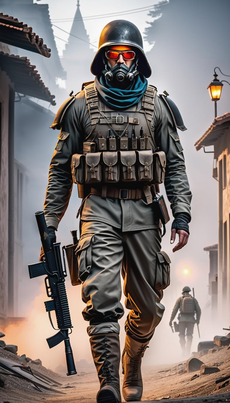  Post apocalyptic style depiction of Soldier albania . Futuristic, technological, survival in the wasteland, desolate cities, and the resilience and survival instincts of humanity theme. hyperrealistic, full body, detailed clothing, highly detailed, cinematic lighting, stunningly beautiful, intricate, sharp focus, f/1. 8, 85mm, (centered image composition), (professionally color graded), ((bright soft diffused light)), volumetric fog, trending on instagram, trending on tumblr, HDR 4K, 8K