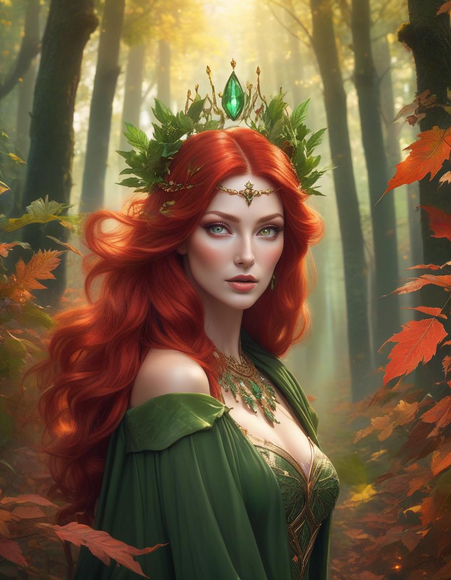  hyperrealistic art A woman with vibrant red hair and a crown of green leaves set against a soft, forest like backdrop. there is a woman with red hair and green eyes surrounded by leaves, goddess of autumn, beautiful autumn spirit, beautiful digital artwork, fantasy portrait art, hyperrealistic fantasy art, fantasy portrait, fantasy art portrait, detailed fantasy digital art, beautiful fantasy art portrait, detailed matte fantasy portrait, gorgeous digital art, beautiful digital art, portrait of a dryad, beautiful fantasy portrait . extremely high resolution details, photographic, realism pushed to extreme, fine texture, incredibly lifelike hyperrealistic, full body, detailed clothing, highly detailed, cinematic lighting, stunningly beautiful, intricate, sharp focus, f/1. 8, 85mm, (centered image composition), (professionally color graded), ((bright soft diffused light)), volumetric fog, trending on instagram, trending on tumblr, HDR 4K, 8K