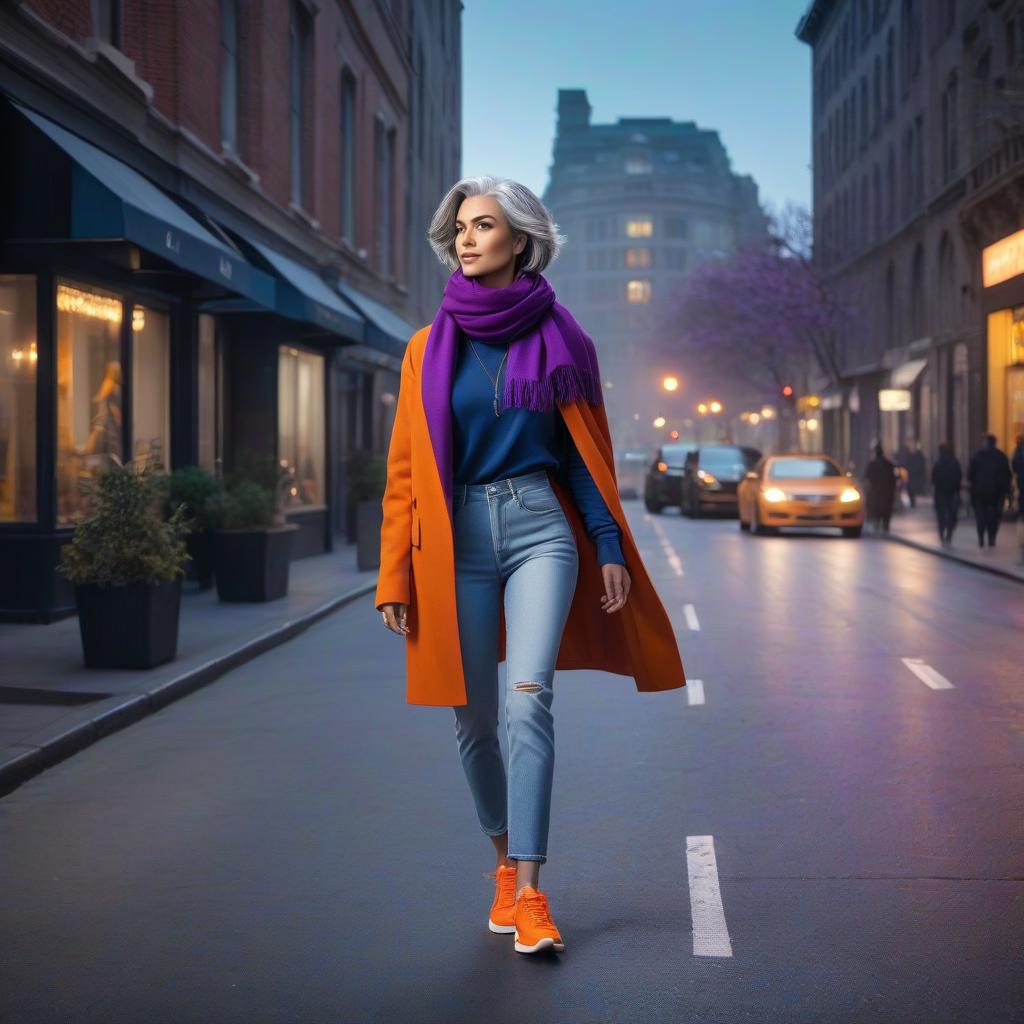  A beautiful girl with gray hair, bob cut, wearing blue jeans, a purple jacket, orange sneakers, an orange scarf, walks through the city at night, light shines from the windows, mega city. hyperrealistic, full body, detailed clothing, highly detailed, cinematic lighting, stunningly beautiful, intricate, sharp focus, f/1. 8, 85mm, (centered image composition), (professionally color graded), ((bright soft diffused light)), volumetric fog, trending on instagram, trending on tumblr, HDR 4K, 8K