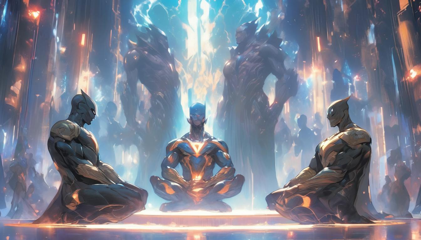  hyperrealism,fantasy aestheticthree arian humanoids, one man and two women, large busted, meditating in a circle, beams of light from their heads, cosmic background, high tech clothing clad in sleek, futuristic costume with metallic accents and form fitting designs, marvel superhero comics style, unreal engine rendering