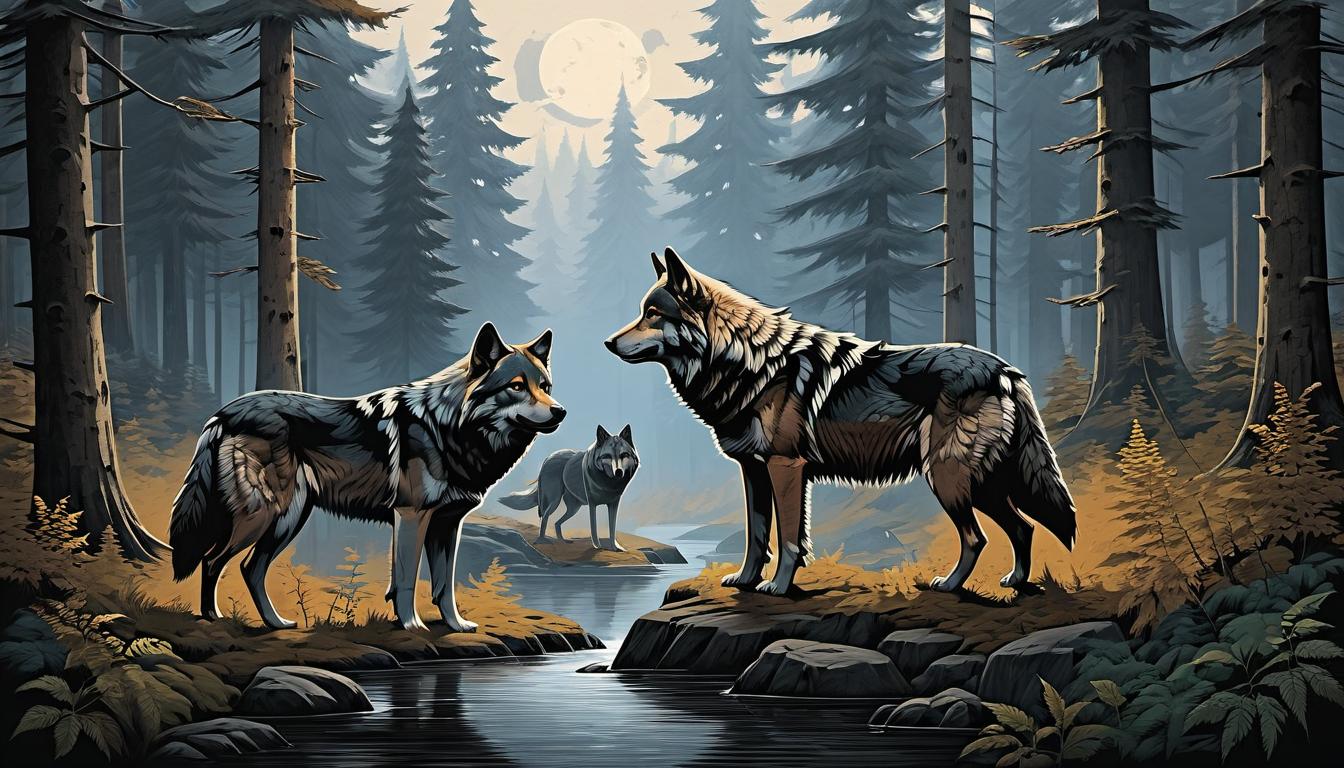  （surrealism)A group of wolves in a forest clearing, one wolf at the center, scene richly detailed with diverse flora, mood of unity, strength mystic, intricate details, best quality)