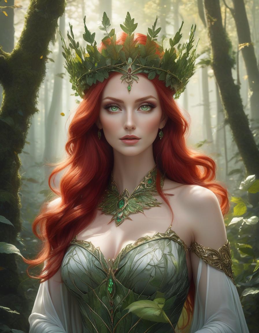  A woman with vibrant red hair and a crown of green leaves set against a soft, forest like backdrop. there is a woman with red hair and green eyes surrounded by leaves, goddess of autumn, beautiful autumn spirit, beautiful digital artwork, fantasy portrait art, hyperrealistic fantasy art, fantasy portrait, fantasy art portrait, detailed fantasy digital art, beautiful fantasy art portrait, detailed matte fantasy portrait, gorgeous digital art, beautiful digital art, portrait of a dryad, beautiful fantasy portrait hyperrealistic, full body, detailed clothing, highly detailed, cinematic lighting, stunningly beautiful, intricate, sharp focus, f/1. 8, 85mm, (centered image composition), (professionally color graded), ((bright soft diffused light)), volumetric fog, trending on instagram, trending on tumblr, HDR 4K, 8K