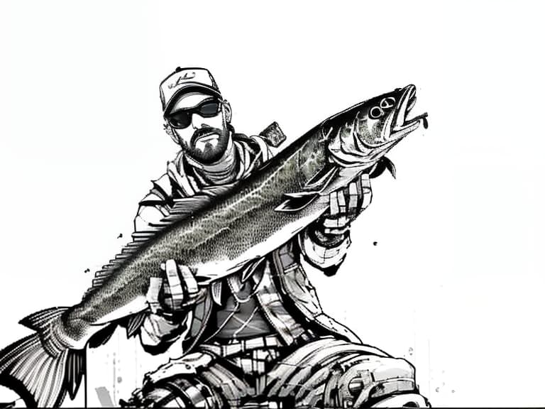 nvinkpunk The fisherman caught a fish. Logo is black and white., Indie game art, (Vector Art, Borderlands style, Arcane style, Cartoon style), Line art, Disctinct features, Hand drawn, Technical illustration, Graphic design, Vector graphics, High contrast, Precision artwork, Linear compositions, Scalable artwork, Digital art, cinematic sensual, Sharp focus, humorous illustration, big depth of field, Masterpiece, trending on artstation, Vivid colors, trending on ArtStation, trending on CGSociety, Intricate, Low Detail, dramatic hyperrealistic, full body, detailed clothing, highly detailed, cinematic lighting, stunningly beautiful, intricate, sharp focus, f/1. 8, 85mm, (centered image composition), (professionally color graded), ((bright soft diffused light)), volumetric fog, trending on instagram, trending on tumblr, HDR 4K, 8K