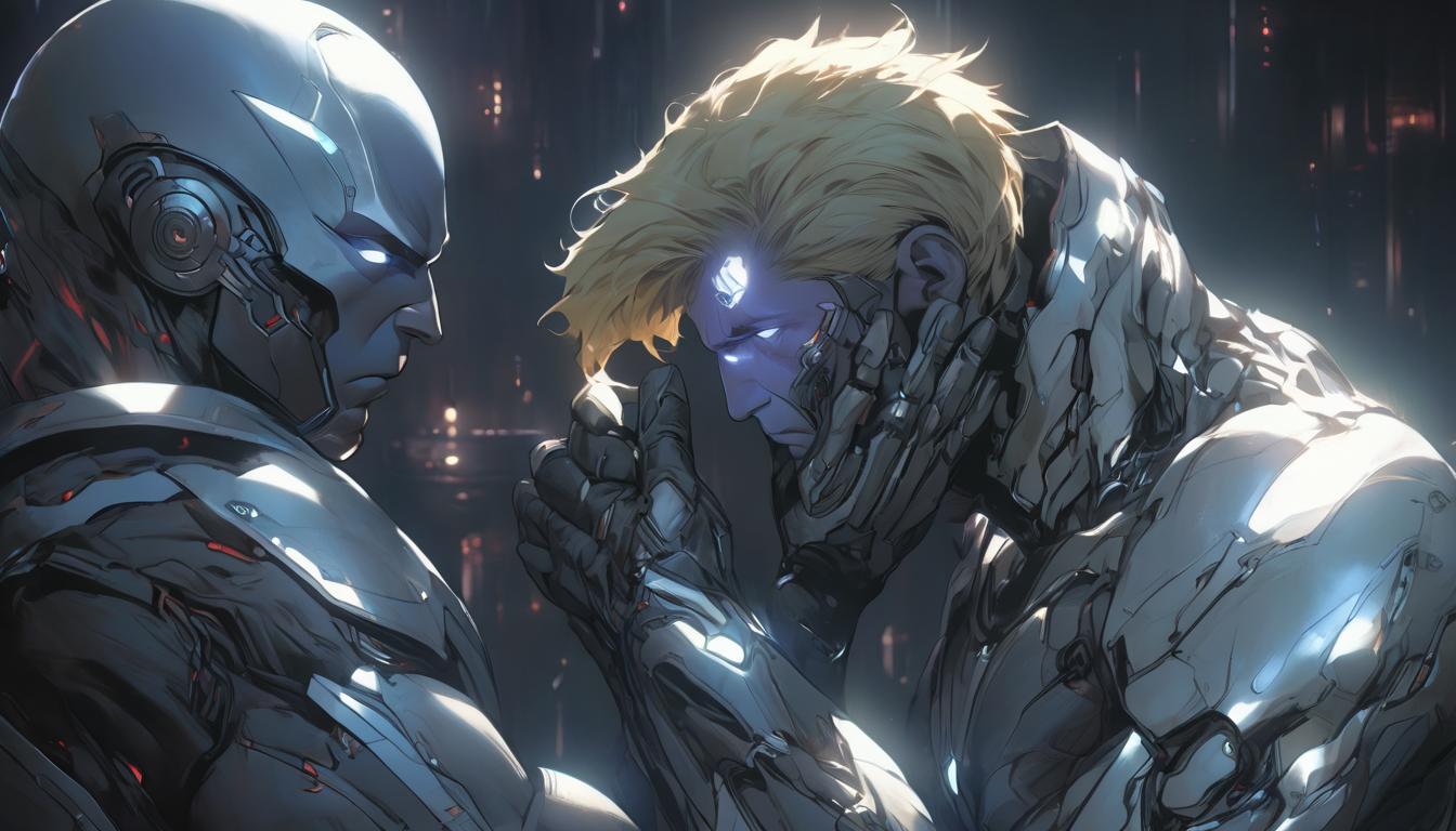  hyperrealism,fantasy aesthetic1man, attractive blonde male humanoid, comforting a distressed humanoid, calm gentle expression, soothing cosmic light, high tech clothing clad in sleek, futuristic costume with metallic accents and form fitting designs, marvel superhero comics style, unreal engine rendering