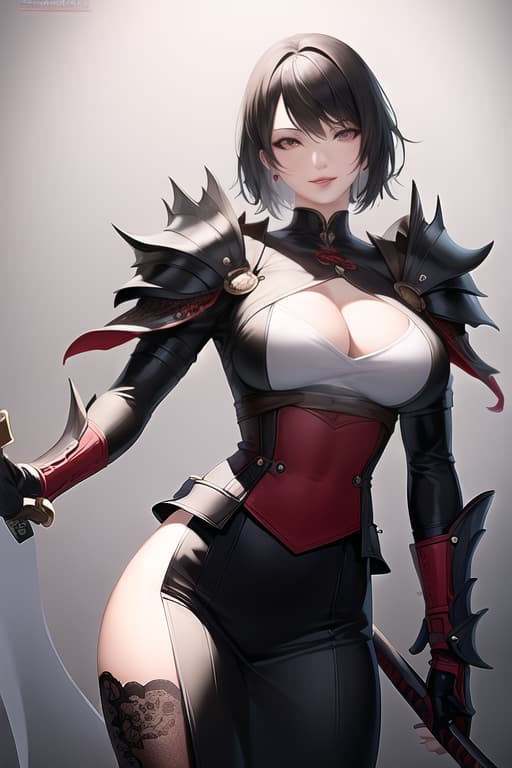  black hair, very very short hair, older sister, mature, white dress shirt, red corset, black leather pants, long katana, from head to thigh, muscular, precise eyes, precise hands, Japanese armor on shoulders and arms, smiling, (Masterpiece, BestQuality:1.3), (ultra detailed:1.2), (hyperrealistic:1.3), (RAW photo:1.2),High detail RAW color photo, professional photograph, (Photorealistic:1.4), (realistic:1.4), ,professional lighting, (japanese), beautiful face, (realistic face)