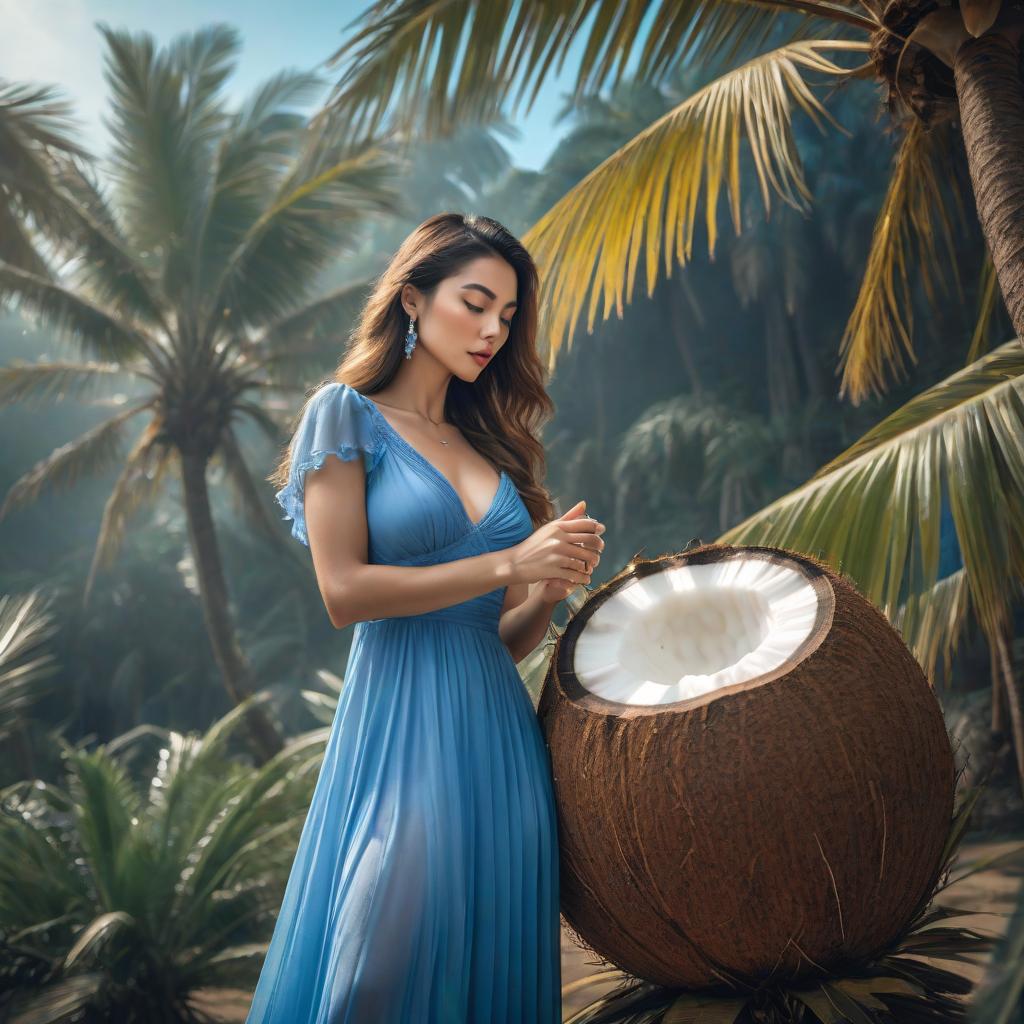  a woman stands tall in a blue dress, leans against a palm tree and drinks from a coconut hyperrealistic, full body, detailed clothing, highly detailed, cinematic lighting, stunningly beautiful, intricate, sharp focus, f/1. 8, 85mm, (centered image composition), (professionally color graded), ((bright soft diffused light)), volumetric fog, trending on instagram, trending on tumblr, HDR 4K, 8K