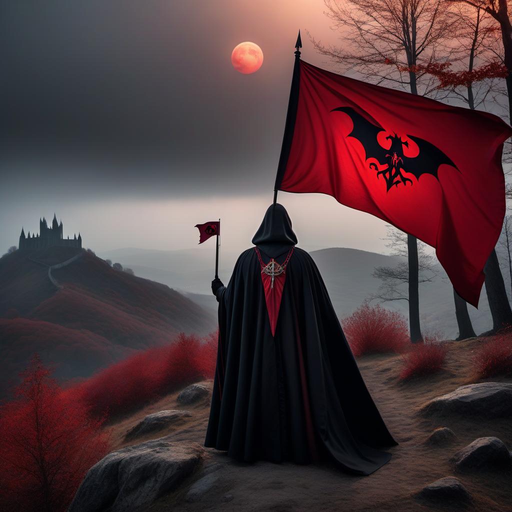  macabre style A group of people in cloaks and capes with glowing red eyes are holding a flag on a hill. . dark, gothic, grim, haunting, highly detailed hyperrealistic, full body, detailed clothing, highly detailed, cinematic lighting, stunningly beautiful, intricate, sharp focus, f/1. 8, 85mm, (centered image composition), (professionally color graded), ((bright soft diffused light)), volumetric fog, trending on instagram, trending on tumblr, HDR 4K, 8K