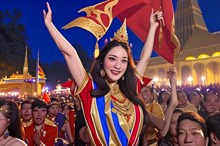  Party at the palace, celebrating victory outside Thai palace in the night sooooo many people There are warriors