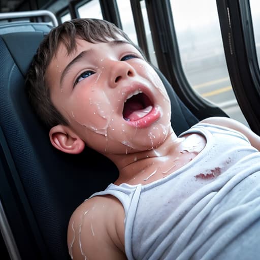  a very sweaty very young boy, caught on a public bus, is discovered by the viewer. The young 's face is rendered in exquisite detail, a look of and arousal as he realizes he's been caught the boy on the bus seat lets out a stream of warm, viscous liquid shooting out from his huge engorged erect tip coating his and splattering onto the floor of the bus, the pinnacle of his is his sweaty features, high-angle shot, dramatic angle, extreme angle shot, photo-realistic, volumetric fog, 85mm lens, HDR, cinematic