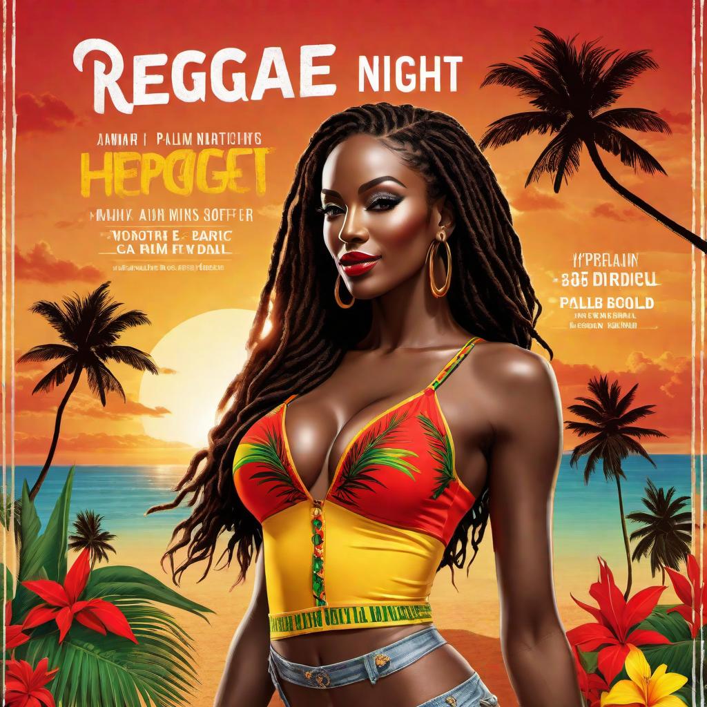  A vibrant and energetic flyer promoting Reggae Night. The design should have a tropical, Jamaican theme including elements such as palm trees, reggae colors (red, yellow, green), music notes, and maybe a silhouette of a person dancing. The text should be bold and eye-catching, with details such as date, time, location, and entry fee. A background with a sunny beach or dusk setting, with a relaxed and inviting vibe. hyperrealistic, full body, detailed clothing, highly detailed, cinematic lighting, stunningly beautiful, intricate, sharp focus, f/1. 8, 85mm, (centered image composition), (professionally color graded), ((bright soft diffused light)), volumetric fog, trending on instagram, trending on tumblr, HDR 4K, 8K