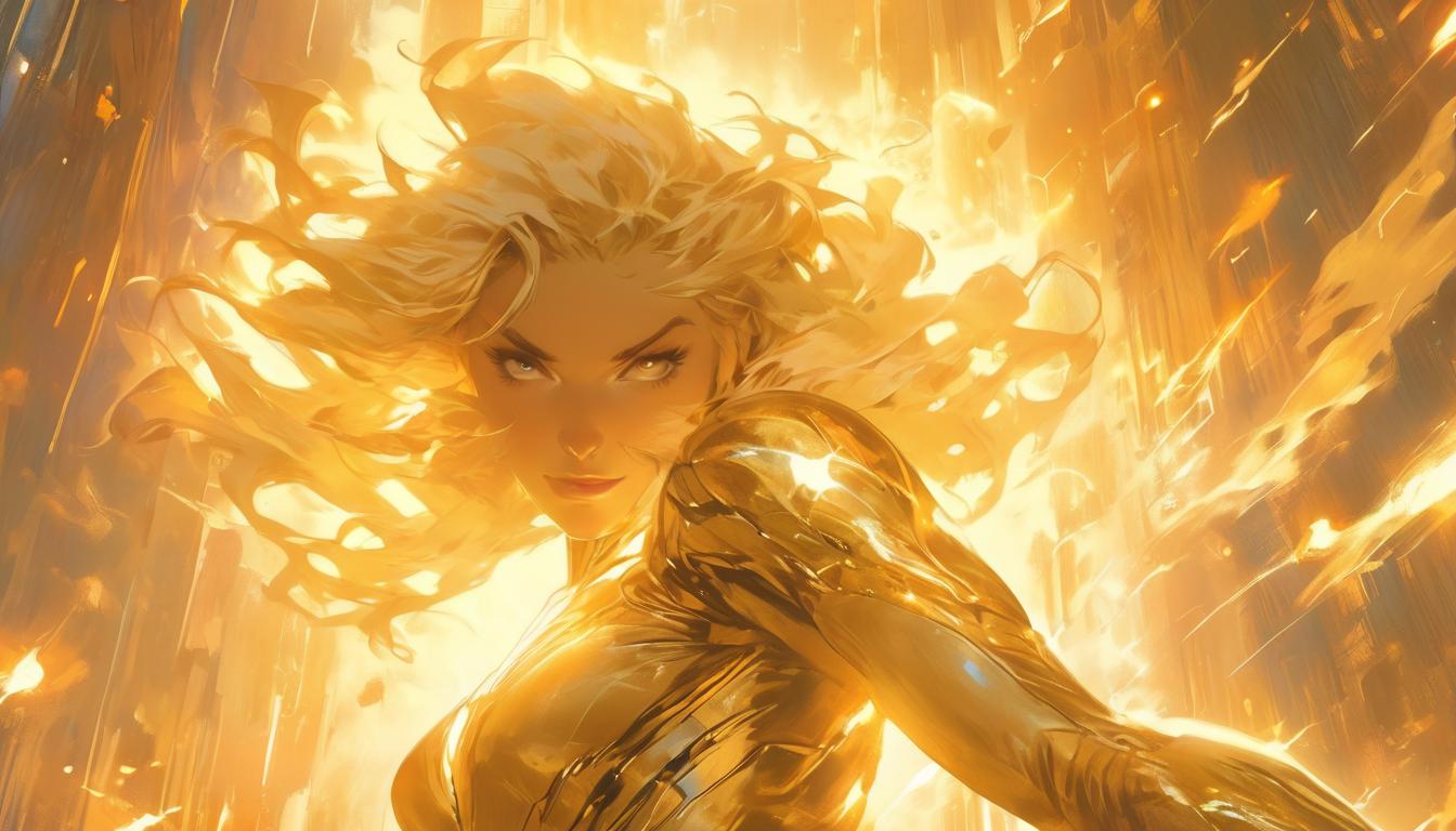  hyperrealism,fantasy aesthetic1woman, large busted attractive blonde arian humanoid, golden rays of light surrounding her, celestial backdrop, radiant and hopeful expression, high tech clothing clad in sleek, futuristic costume with metallic accents and form fitting designs, marvel superhero comics style, unreal engine rendering