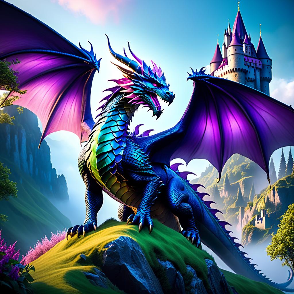  ethereal fantasy concept art of (Background): Blue sky. In the sky there is a green island. A castle with a scaly roof rises in the centre of the island. A large dragon is curled around the castle. He is its caring guardian. Foreground. (Dragon):Appearance: a peacefully slumbering dragon, hugging the castle with its wings. (Colour of scales and wings):blue, smoothly passing to pink violet wings with golden scales on the end. . magnificent, celestial, ethereal, painterly, epic, majestic, magical, fantasy art, cover art, dreamy hyperrealistic, full body, detailed clothing, highly detailed, cinematic lighting, stunningly beautiful, intricate, sharp focus, f/1. 8, 85mm, (centered image composition), (professionally color graded), ((bright soft diffused light)), volumetric fog, trending on instagram, trending on tumblr, HDR 4K, 8K