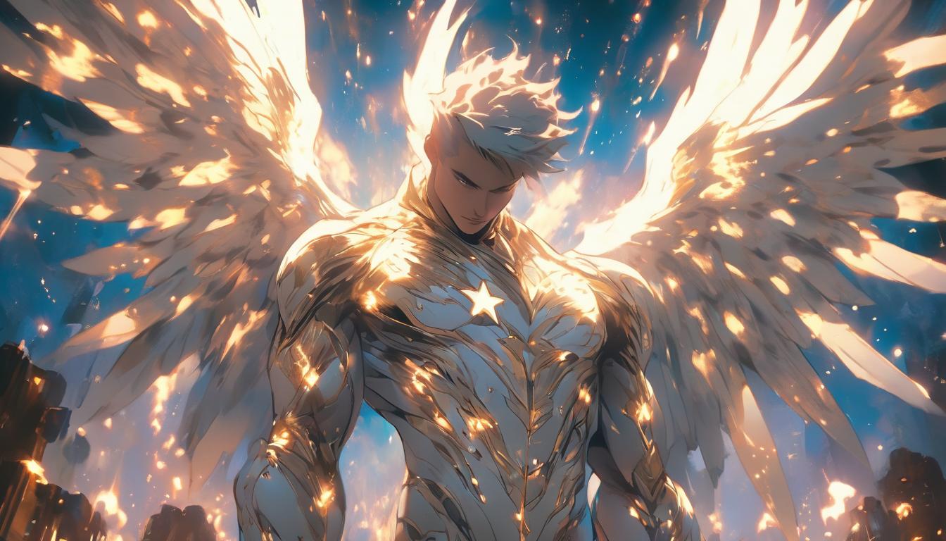  hyperrealism,fantasy aesthetica majestic figure with celestial wings, hovering above the ground, surrounded by star symbols and celestial bodies, ethereal glow, powerful, transcendent, high tech clothing clad in sleek, futuristic costume with metallic accents and form fitting designs, marvel superhero comics style, unreal engine rendering