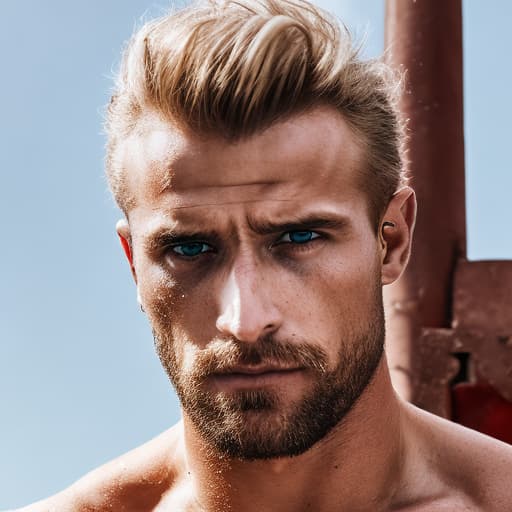 portrait+ style Russian queer fitness model blonde hunk dilf dude face