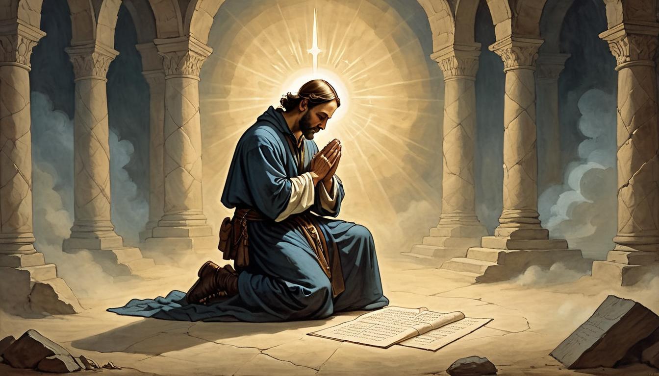  on parchment, surrealism+++, Samuel kneeling in prayer, divine light focusing on him, surrounding darkness contrasted by the light, realization of a holy calling, introspective, revelatory(mysterious, provocative, symbolic,muted color)+++