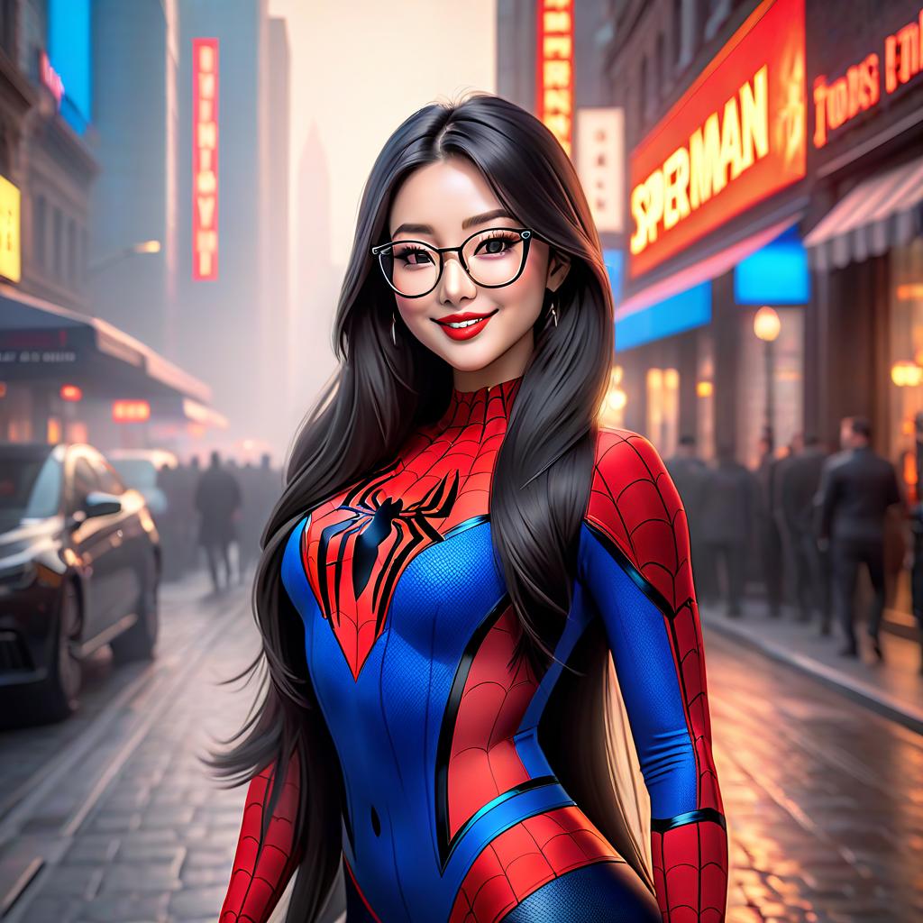  breathtaking An Asian girl with chubby cheeks and black long hair wearing glasses in a spider man costume smiles, selfie . award winning, professional, highly detailed hyperrealistic, full body, detailed clothing, highly detailed, cinematic lighting, stunningly beautiful, intricate, sharp focus, f/1. 8, 85mm, (centered image composition), (professionally color graded), ((bright soft diffused light)), volumetric fog, trending on instagram, trending on tumblr, HDR 4K, 8K