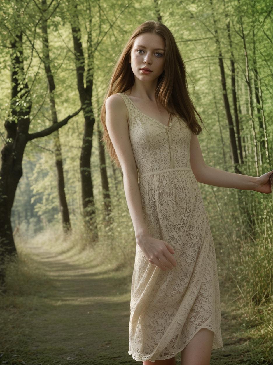  pretty , (full length), Russian beauty, 30 year, brown haired, green eyes, ((freckles on her face)), thin oval face, very small s, strict facial features, ((very thin)), slim build, dressed in a thin summer dress, walking in a summer forest, walking along the path, early morning, cozy atmosphere, viewer looking into the frame, cowboy shot, epiCPhoto,