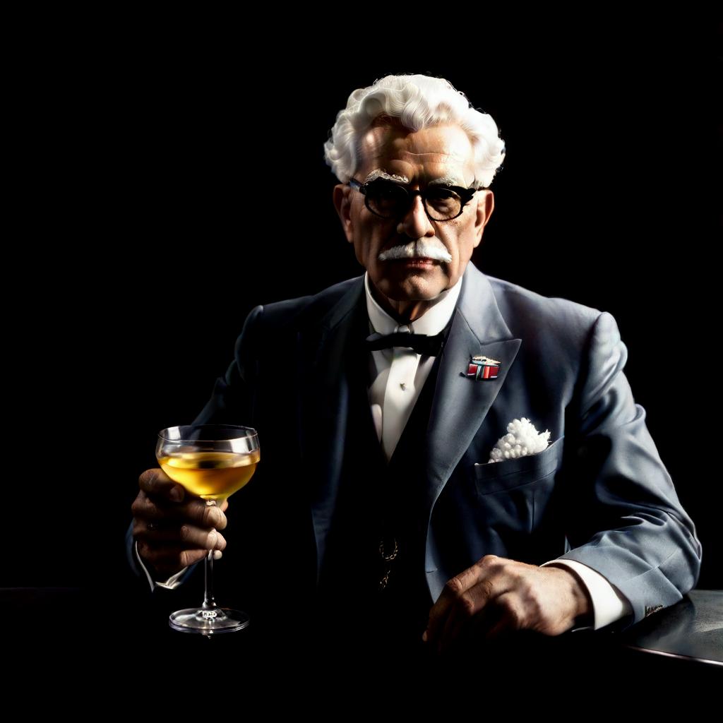  Portrait of the leading political role playing game world crisis 1942, a man who is like the secret government of the world, Colonel Sanders kfc with a glass of wine hyperrealistic, full body, detailed clothing, highly detailed, cinematic lighting, stunningly beautiful, intricate, sharp focus, f/1. 8, 85mm, (centered image composition), (professionally color graded), ((bright soft diffused light)), volumetric fog, trending on instagram, trending on tumblr, HDR 4K, 8K