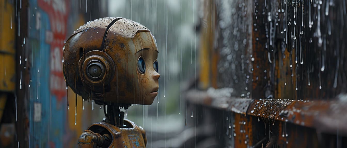  best quality, HD, A young humanoid robot child, abandoned and left to rust in the rain, showing signs of depression, detailed textures of rust and decay, rain pouring down, melancholic atmosphere, photorealistic, high detail, cinematic lighting