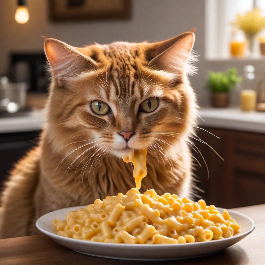  A cute cat eating a bowl of mac and cheese. The cat is happily enjoying its meal, with some cheesy pasta on its whiskers. The setting is a cozy kitchen with warm lighting, and the cat looks content and adorable. hyperrealistic, full body, detailed clothing, highly detailed, cinematic lighting, stunningly beautiful, intricate, sharp focus, f/1. 8, 85mm, (centered image composition), (professionally color graded), ((bright soft diffused light)), volumetric fog, trending on instagram, trending on tumblr, HDR 4K, 8K