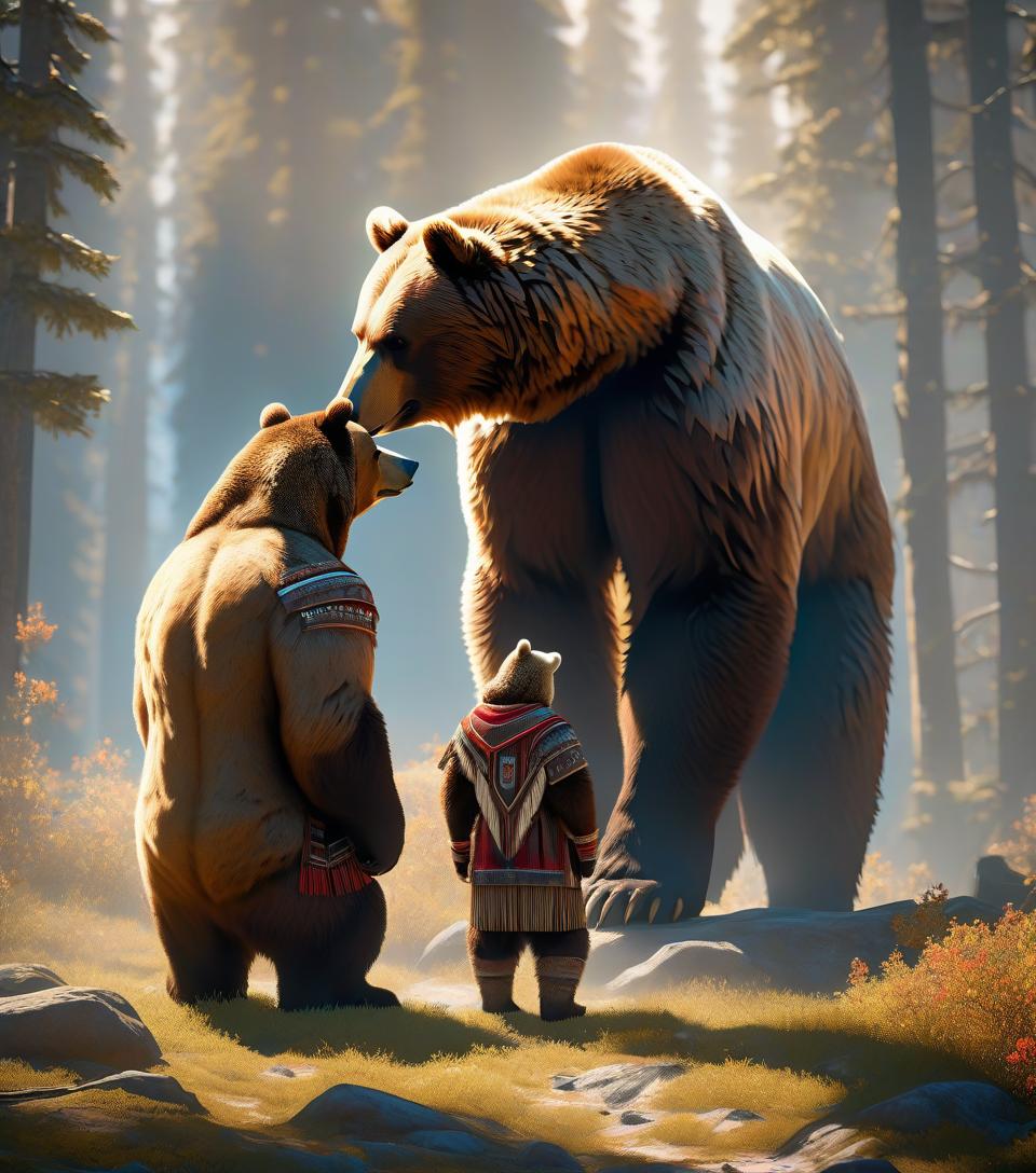  On the image, there is one man and one bear. They are of the same height. The bear and the young man are standing on their feet, looking at each other face to face. The bear is standing on the left. The Russian looking man is dressed in clothing of northern tribes. The man standing on the right is looking at the bear. hyperrealistic, full body, detailed clothing, highly detailed, cinematic lighting, stunningly beautiful, intricate, sharp focus, f/1. 8, 85mm, (centered image composition), (professionally color graded), ((bright soft diffused light)), volumetric fog, trending on instagram, trending on tumblr, HDR 4K, 8K