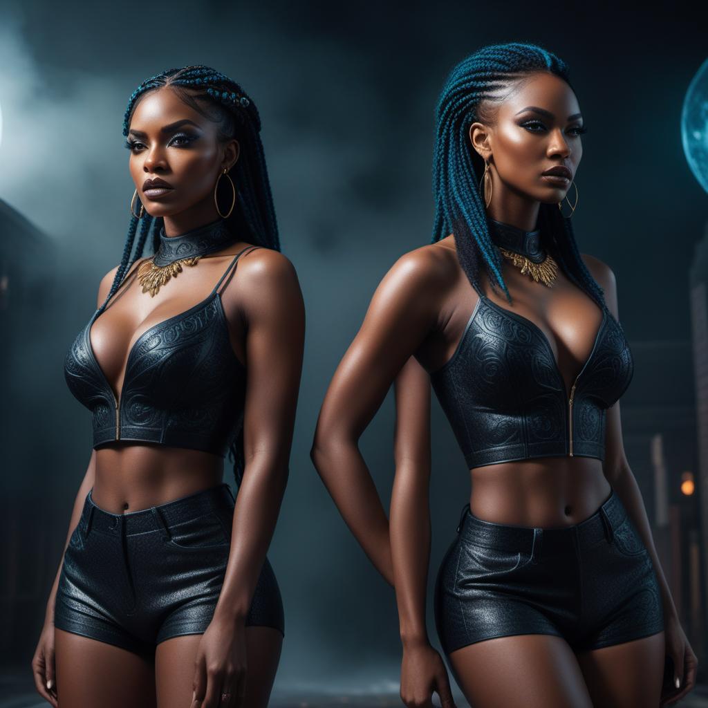  Angry black female twins in lofi fantasy style, Gemini zodiac, intense expressions, dark moody background, vibrant colors, celestial elements, intricate details. hyperrealistic, full body, detailed clothing, highly detailed, cinematic lighting, stunningly beautiful, intricate, sharp focus, f/1. 8, 85mm, (centered image composition), (professionally color graded), ((bright soft diffused light)), volumetric fog, trending on instagram, trending on tumblr, HDR 4K, 8K