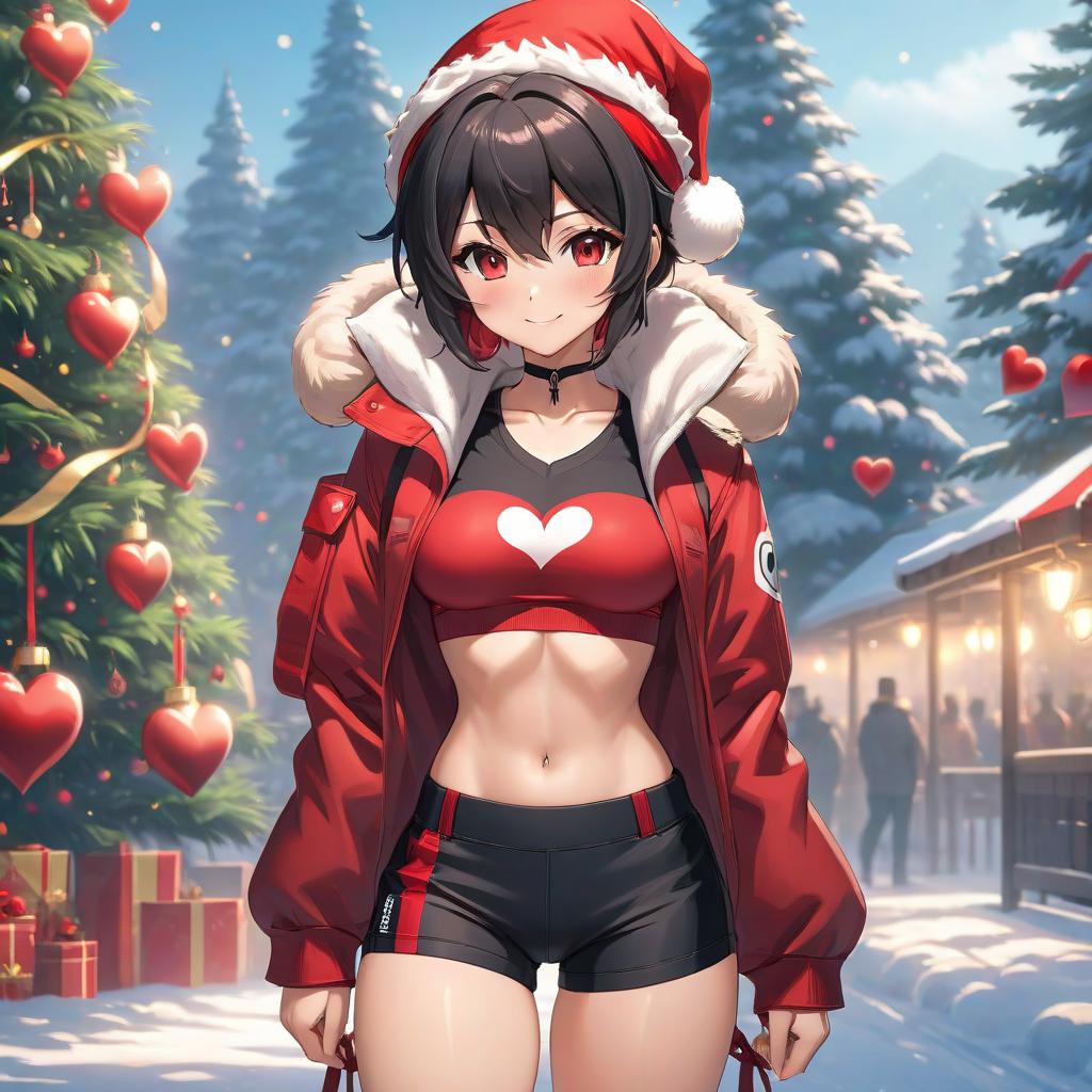  anime artwork A nine yea , beautiful face, a black red with a heart in the middle, ideal body shape, large s and hips, black red shorts, smiling, sporty, muscular arms and press, in a New Year's hat, winter, against the background of a New Year's tree. . anime style, key visual, vint, studio anime, highly detailed hyperrealistic, full body, detailed clothing, highly detailed, cinematic lighting, stunningly beautiful, intricate, sharp focus, f/1. 8, 85mm, (centered image composition), (professionally color graded), ((bright soft diffused light)), volumetric fog, trending on instagram, trending on tumblr, HDR 4K, 8K