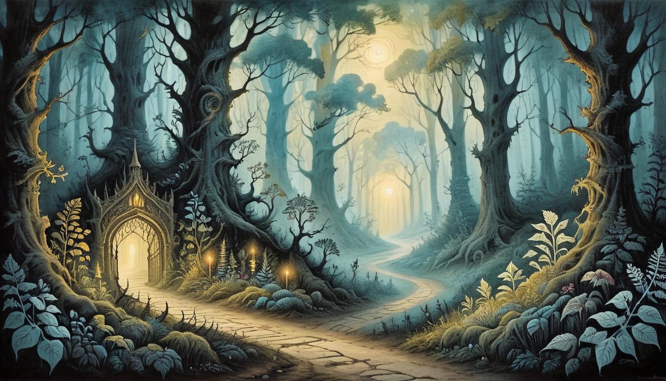  on parchment, surrealism+++, A path through a dark forest leading to a bright, ethereal light, foliage with intricate detail, mystical, transformative(mysterious, provocative, symbolic,muted color)+++