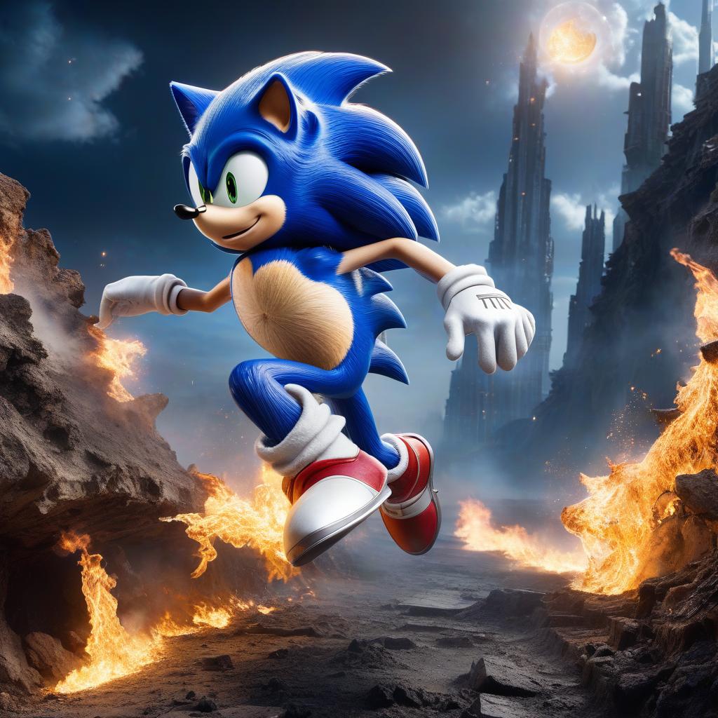  Hyperdetailed Sonic runs along a space highway, from Sonic the Hedgehog, megaspined, ferocious, photorealistic, digital art, fantastic fantasy, detailed drawing, high resolution, medium shot, full size, 128k, photo realism, bright lighting, hyperrealism in the eyes and details, cinematic, with yellow smoke in the background, a destroyed planet on fire, stars, sparkling shard of lunar light. hyperrealistic, full body, detailed clothing, highly detailed, cinematic lighting, stunningly beautiful, intricate, sharp focus, f/1. 8, 85mm, (centered image composition), (professionally color graded), ((bright soft diffused light)), volumetric fog, trending on instagram, trending on tumblr, HDR 4K, 8K