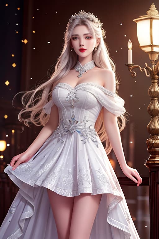  masterpiece, , best quality, beautiful face, frickles, dark make up, movie still, stunning body, lips, carmin red lips, long hair, White hair, wavy hair, iest, ful, huge , deep age, off shoulders, red dress, lace dress, very short dress, pleated short dress, long legs, floating in the sky, bright, happy, cold soft lighting, (sparks:0.7), front light hyperrealistic, full body, detailed clothing, highly detailed, cinematic lighting, stunningly beautiful, intricate, sharp focus, f/1. 8, 85mm, (centered image composition), (professionally color graded), ((bright soft diffused light)), volumetric fog, trending on instagram, trending on tumblr, HDR 4K, 8K