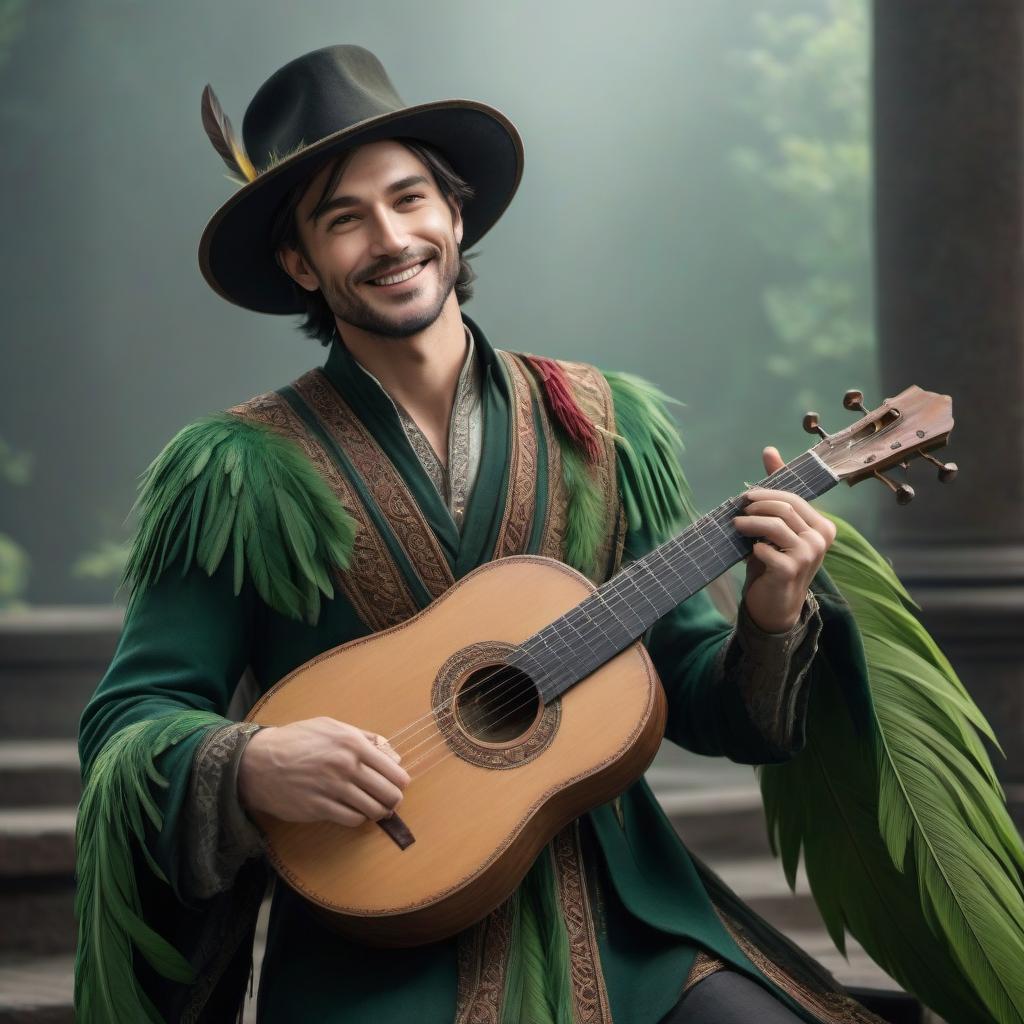  Bard, male, tall, dark short hair, rich clothes, hat with a green feather, lute, smile hyperrealistic, full body, detailed clothing, highly detailed, cinematic lighting, stunningly beautiful, intricate, sharp focus, f/1. 8, 85mm, (centered image composition), (professionally color graded), ((bright soft diffused light)), volumetric fog, trending on instagram, trending on tumblr, HDR 4K, 8K