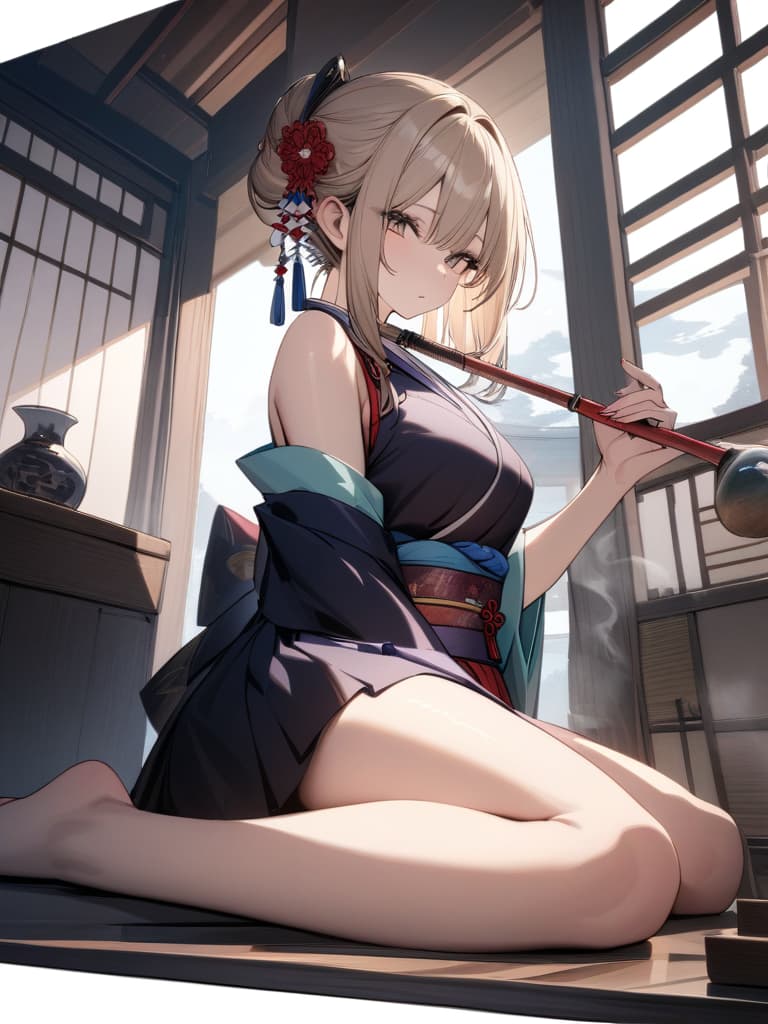  ultra detailed:1.2masterpiece:1.2,best quality,masterpiece,bestquality,hdr:1.1,8k:1.1,very cute girl:1.3,(Japanese smoke pipe:1.7),(holding,Japanese smoke pipe:1.5)blonde hair:1.3,kimono:1.3,sitting wariza:1.5,smoker:1.4, masterpiece, best quality,8k,ultra detailed,high resolution,an extremely delicate and beautiful,hyper detail