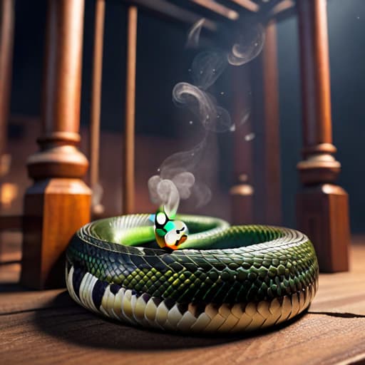  The snake broke out of the small cage bag, spitting fire hyperrealistic, full body, detailed clothing, highly detailed, cinematic lighting, stunningly beautiful, intricate, sharp focus, f/1. 8, 85mm, (centered image composition), (professionally color graded), ((bright soft diffused light)), volumetric fog, trending on instagram, trending on tumblr, HDR 4K, 8K