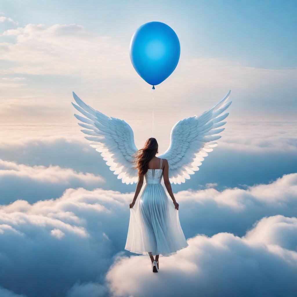  A blue balloon with white angel wings on it floating to heaven in a serene sky background. hyperrealistic, full body, detailed clothing, highly detailed, cinematic lighting, stunningly beautiful, intricate, sharp focus, f/1. 8, 85mm, (centered image composition), (professionally color graded), ((bright soft diffused light)), volumetric fog, trending on instagram, trending on tumblr, HDR 4K, 8K