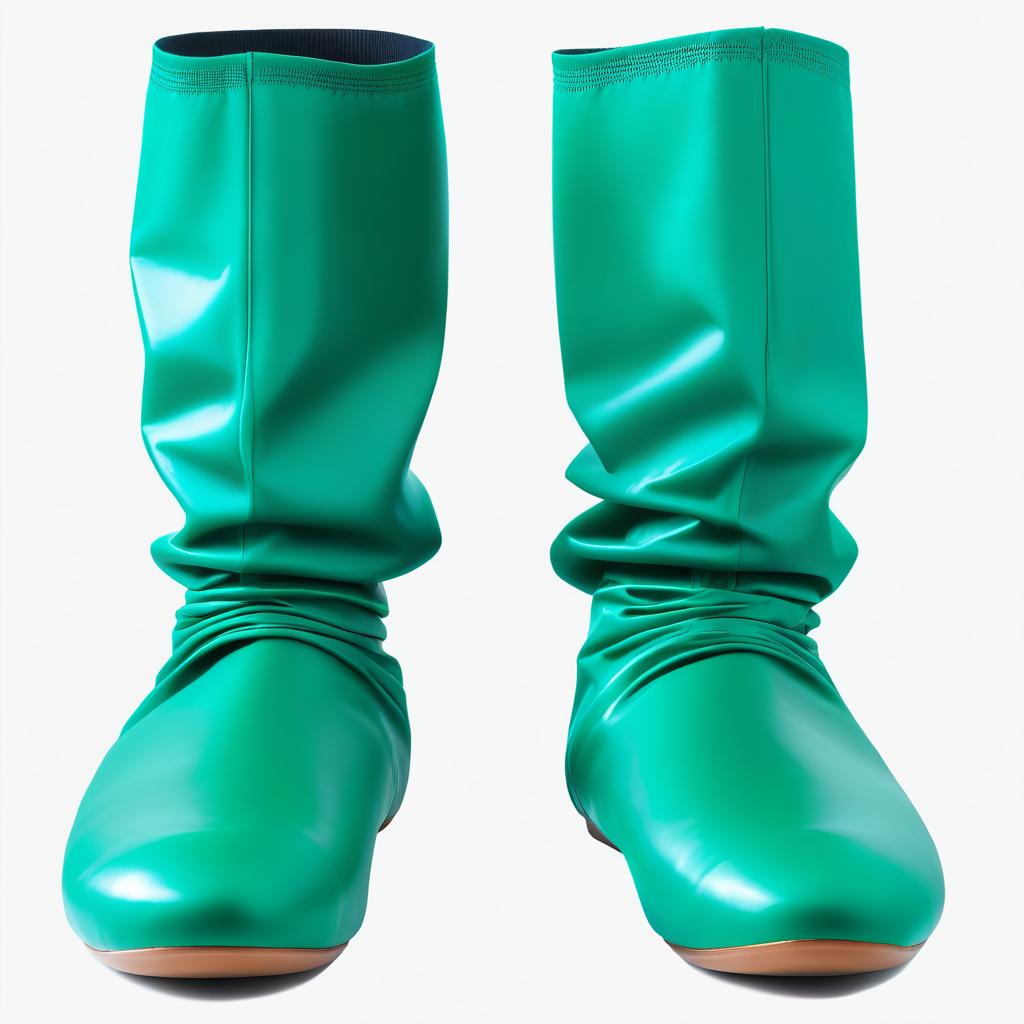  On feet worn, pants filled, in flat, no wrinkle, high medical stockings like boots, with flat soles, no heels, upper parts with elastic bands, made of glossy latex, lower part (from sole to ankle: 1.2), (dark green: 1.3), upper part (from ankle to knee: 1.2), (dark blue: 1.3) hyperrealistic, full body, detailed clothing, highly detailed, cinematic lighting, stunningly beautiful, intricate, sharp focus, f/1. 8, 85mm, (centered image composition), (professionally color graded), ((bright soft diffused light)), volumetric fog, trending on instagram, trending on tumblr, HDR 4K, 8K