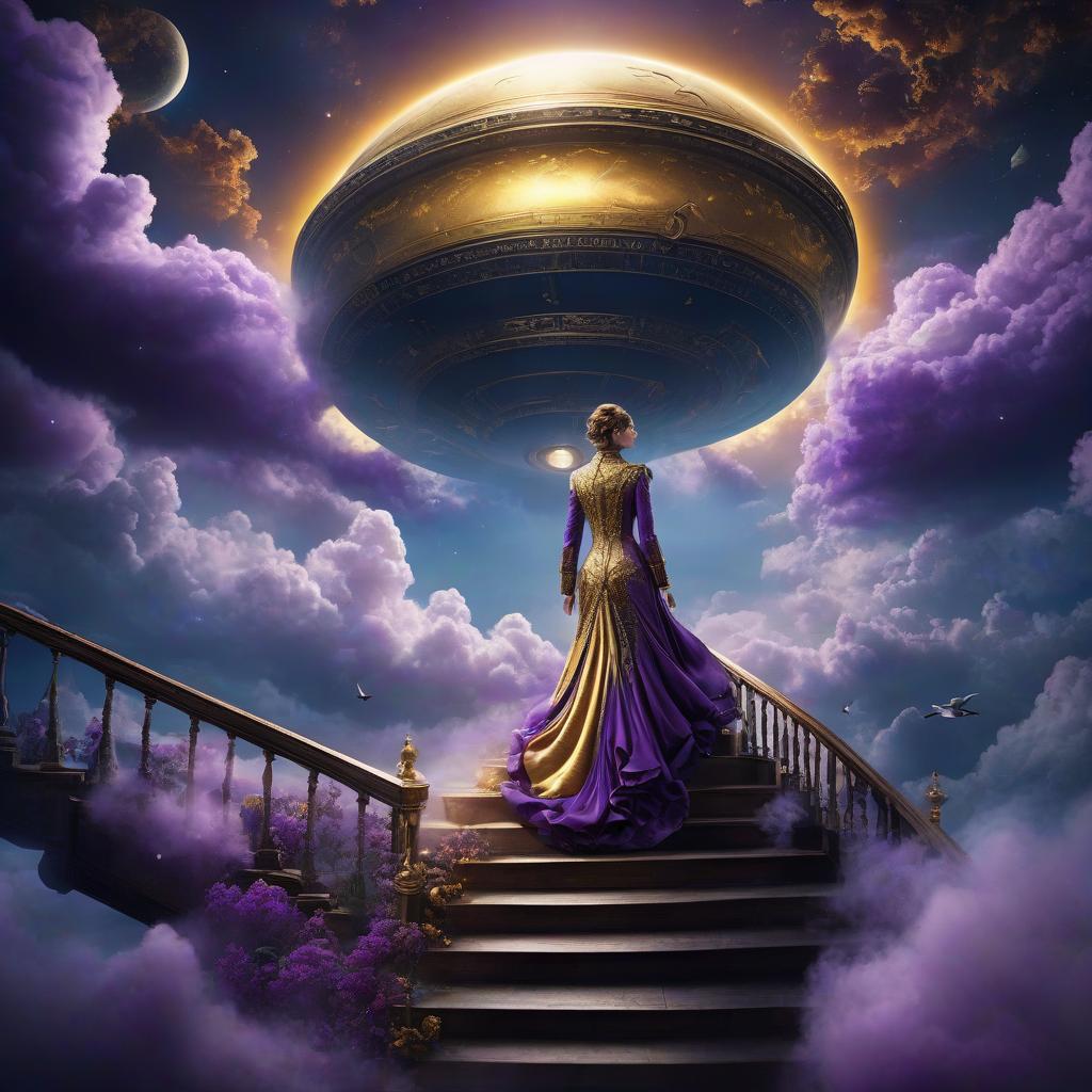  Golden smoke. Sunnyside Attics. The heavenly halls. Sky. Stairway in the sky. Clouds. A masterpiece. Bird. Nightingale. Background: surrealistically abstract. Сanary. Flying saucer. Space, fantasy. Purple, blue, silver colors. Moon. hyperrealistic, full body, detailed clothing, highly detailed, cinematic lighting, stunningly beautiful, intricate, sharp focus, f/1. 8, 85mm, (centered image composition), (professionally color graded), ((bright soft diffused light)), volumetric fog, trending on instagram, trending on tumblr, HDR 4K, 8K