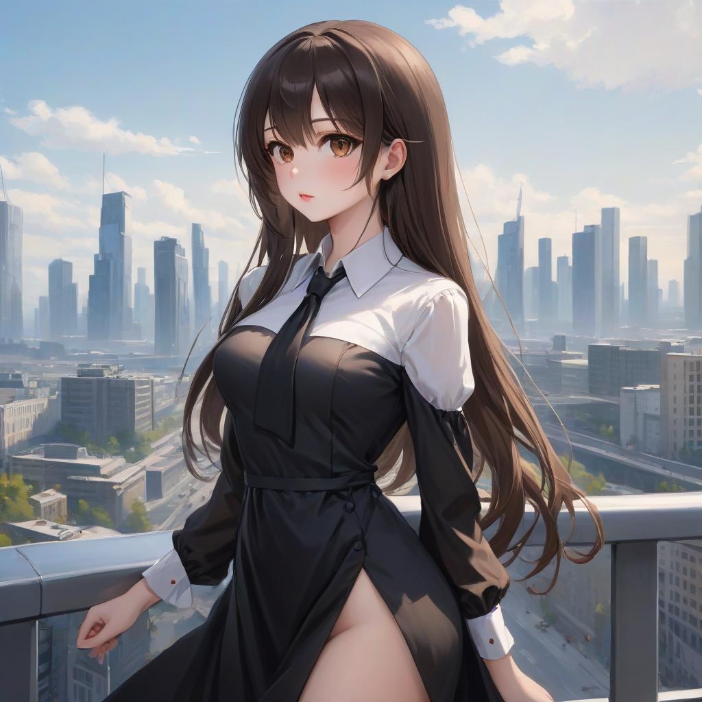  anime artwork beautiful , , oblique bangs, a mole under the lower lip in the middle of the chin. white skinned, European, brown eyes, long brown straight hair, side bangs, mole under the lower lip, slender figure, small neat s, dressed in a black dress with a white collar and white cuffs, full length, against the backdrop of a modern city. Skyscrs of Moscow City (photorealism, oil painting: 1.3), (full length shot: 1.3), charming , long flowing black hair, (large sensual mouth: 1.2), plump lips, sparkling brown eyes , narrow waist, (sensual drawing: 1.2), silvery glow, ethereal aura, detailed brushwork, intricate shadows and highlights, mysterious and captivating expression, unique color palette, masterf hyperrealistic, full body, detailed clothing, highly detailed, cinematic lighting, stunningly beautiful, intricate, sharp focus, f/1. 8, 85mm, (centered image composition), (professionally color graded), ((bright soft diffused light)), volumetric fog, trending on instagram, trending on tumblr, HDR 4K, 8K