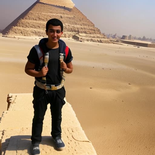  A young man while standing on the top of the pyramid of Egypt and about to jump off while using a parachute