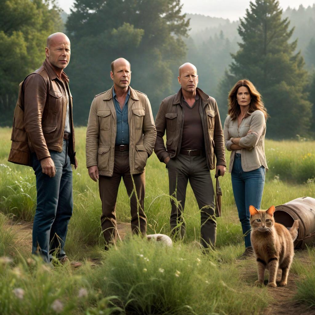  An image of Bruce Willis, Kevin Sorbo, David Duchovny, and E.T. in a field searching for spaghetti to put on a cat. The setting is surreal and whimsical, with a sense of curiosity and adventure. hyperrealistic, full body, detailed clothing, highly detailed, cinematic lighting, stunningly beautiful, intricate, sharp focus, f/1. 8, 85mm, (centered image composition), (professionally color graded), ((bright soft diffused light)), volumetric fog, trending on instagram, trending on tumblr, HDR 4K, 8K