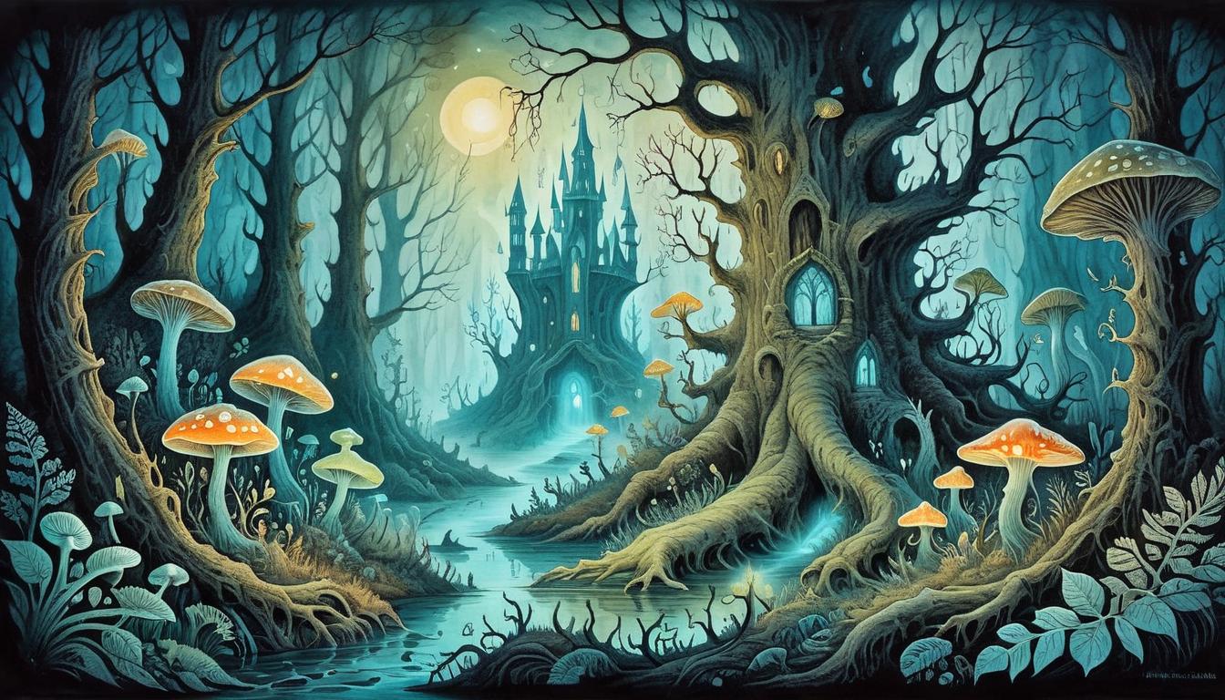  on parchment, surrealism+++, Eldritch creature in deep forest, intricate patterns in bark and leaves, bioluminescent fungi, ethereal, otherworldly(mysterious, provocative, symbolic,muted color)+++