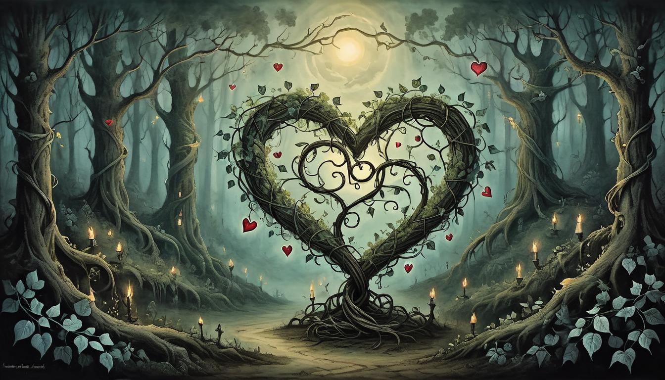  on parchment, surrealism+++, Intertwined heart shaped vines, glowing subtly, dark forest, sense of connection and endurance(mysterious, provocative, symbolic,muted color)+++