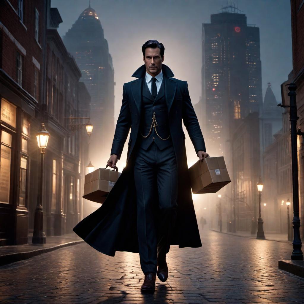  A scene depicting a trusted confidant, dressed in dark, professional attire, carrying out a mission under the cloak of night. The person is shown discreetly delivering secure packages and sensitive documents, moving with stealth and precision through a quiet cityscape, illuminated by dim streetlights. The atmosphere should convey security, reliability, and utmost discretion, emphasizing the secrecy and trustworthiness of the service, regardless of the time. hyperrealistic, full body, detailed clothing, highly detailed, cinematic lighting, stunningly beautiful, intricate, sharp focus, f/1. 8, 85mm, (centered image composition), (professionally color graded), ((bright soft diffused light)), volumetric fog, trending on instagram, trending on tumblr, HDR 4K, 8K