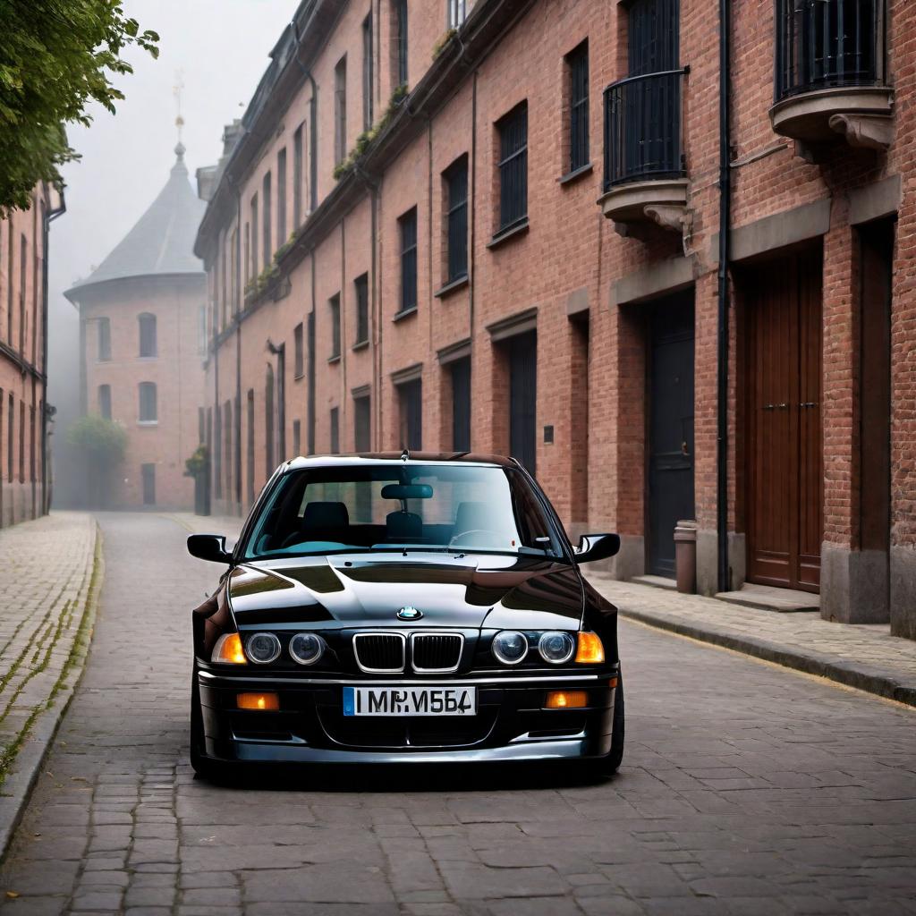  1995 BMW E36 M3 Saloon in black, showcasing its sleek design and sporty aesthetics, with detailed headlights, signature kidney grille, and sporty alloy wheels. The car should be on a clean street background with good lighting to highlight its features. hyperrealistic, full body, detailed clothing, highly detailed, cinematic lighting, stunningly beautiful, intricate, sharp focus, f/1. 8, 85mm, (centered image composition), (professionally color graded), ((bright soft diffused light)), volumetric fog, trending on instagram, trending on tumblr, HDR 4K, 8K