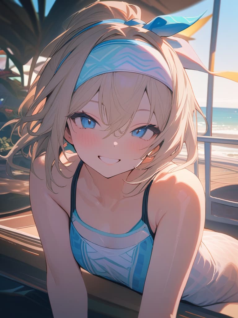  ultra detailed:1.2,masterpiece:1.2,best quality,masterpiece,bestquality,hdr:1.1,8k:1.1,very cute girl:1.3,(sungles,eyewear headband:1.7),grin smile,ponytail,blond hair:1.2,(swimsuit,blue ,flower pattern:1.3),selfy:1.3,tongue out:1.3,peace sign:1.7, masterpiece, best quality,8k,ultra detailed,high resolution,an extremely delicate and beautiful,hyper detail