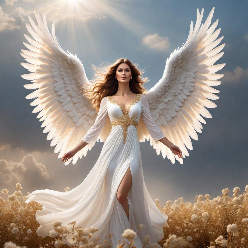  an angelic angel floating in the air, with large feathered wings spread wide, glimmering in a soft, heavenly light. The angel should have a serene and graceful expression, with flowing robes that flutter gently as if in a divine breeze. The background should depict a tranquil, sky with fluffy clouds illuminated by a gentle, golden light from the sun. hyperrealistic, full body, detailed clothing, highly detailed, cinematic lighting, stunningly beautiful, intricate, sharp focus, f/1. 8, 85mm, (centered image composition), (professionally color graded), ((bright soft diffused light)), volumetric fog, trending on instagram, trending on tumblr, HDR 4K, 8K